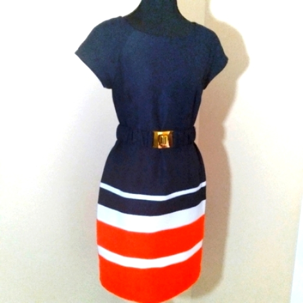 Studio One Office Navy Blue and‎ Orange Colorblock Short Sleeve Dress with Belt